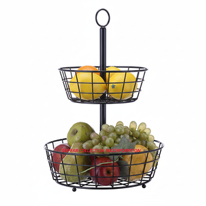 Panier de rangement de forme ronde à deux niveaux de haute qualité fil de fer en métal personnalisé noir pour fruits et légumes meilleure vente - Product Image 1