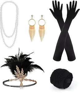 Набор аксессуаров 1920s Flapper Gat Gatsby, Модный комплект с ревом, с повязкой на голову, длинные черные перчатки, ожерелье, набор женских сережек