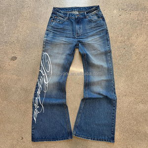 Salati celana Bootcut pinggang tinggi pria, celana Denim potongan lurus longgar berkilap berlian imitasi untuk musim dingin - Product Image 5