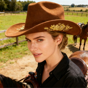 Sombrero de Vaquero Color Camel con Bordado, Ajustable, para Otoño e Invierno - Product Image 5