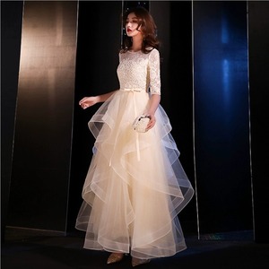 Women's Evening Gown Champagne Color Long Dress High Neck Empire Waist Asymmetric Wedding Party Hostess Dress - Product Image 2