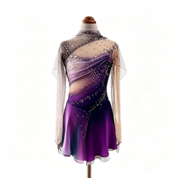 Robe de patinage artistique à dégradé violet, drapée, à découpes, dos ouvert, en maille ornée de strass, pour concours de danse sur glace