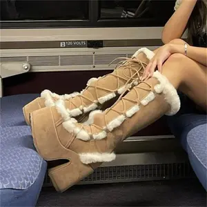 Bottes de créateur Y2K Punk épaisses grande taille avec fermetures éclair et lacets bottes à talons hauts en daim et PU hautes en fourrure pour femmes et dames