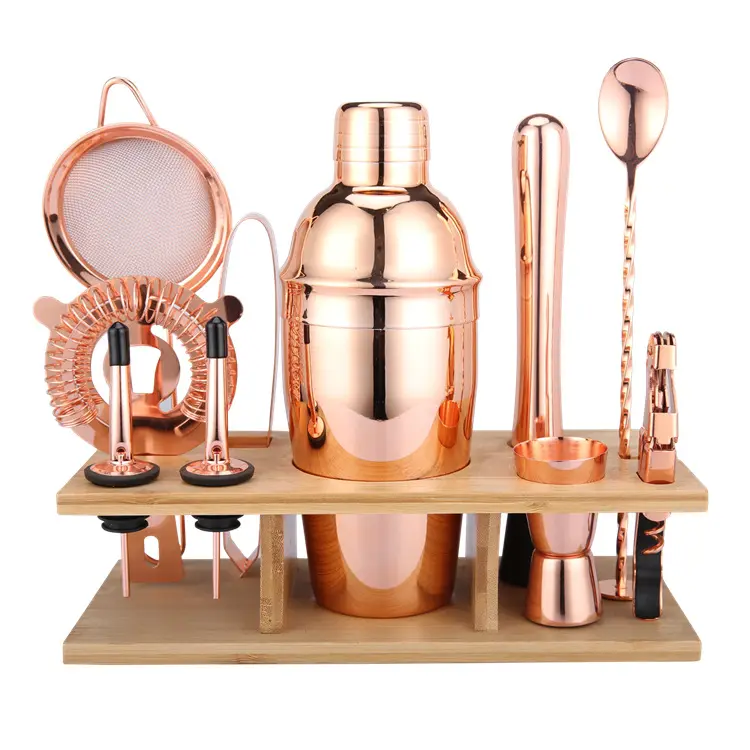 Bartender Kit Rose Golden Cocktail Shaker Set 11-Piece Stainless Steel Bar Tools Set With Sleek Bamboo Stand