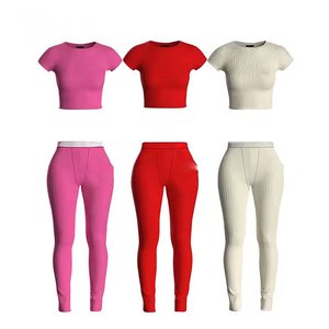 Set Due Pezzi Personalizzati con Logo Ricamato, Top Corto e Leggings Estivi a Costine per Donna, Completi Casual da Casa per Donna - Product Image 3