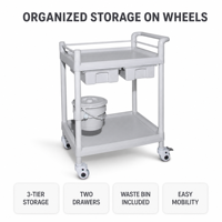Chariot à instruments médicaux avec tiroirs en plastique ABS, 2 étagères latérales, verrouillable, roulettes, mobile, pour hôpital, clinique, traitement, 100 kg