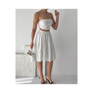 Airobin Women's Elastic Waist Layered Midi <b>Skirt</b> <b>White</b> Flowy Tiered <b>Skirt</b> for <b>Summer</b> Casual Wear - Product Image 3