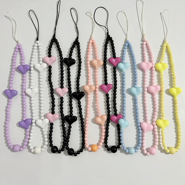 Phone Lanyard Simple Fashion Short Phone Strap Solid Color Peach Heart Beaded Mobile Phone Chain for Key Pendant Wrist Strap