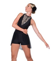 Ensemble de justaucorps de danse lyrique en mousseline de soie noire personnalisée avec jupe portefeuille pour vêtements de performance de salle de bal
