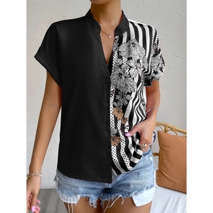 New Double Spell Color Collision Floral Button <b>Cardigan</b> Women's <b>Short</b> <b>Sleeve</b> Shirt Tops Blouse Clothing Fashion - Product Image 3