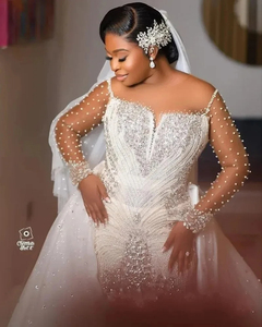 Mumuleo cuello redondo chispa cristales cuentas vestido de novia para novia manga larga Aso Ebi trompeta vestido de novia con tren desmontable - Product Image 2