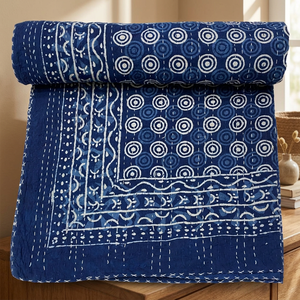 Cubrecama Kantha de Algodón Hecho a Mano, 90x108 Pulgadas, Colcha Doble Estampada a Mano, Colcha India, Decoración Bohemia para el Hogar - Product Image 3