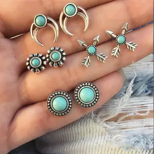 4-Piece Boho Turquoise Conch Studs Earrings Set Cowgirl Charm Pack Stud Women's Jewelry & Accessories Arrow Crescent Bohemian