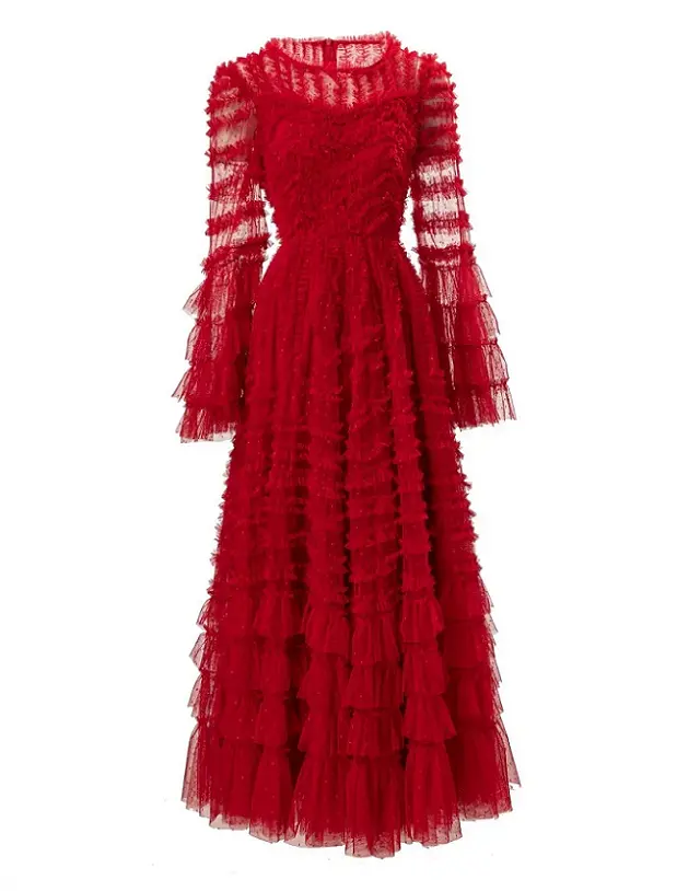 Balo elbise 2023 sonbahar kış düğün parti kadın Polka Dot baskılar basamaklı fırfır seksi tül Mesh uzun Maxi elbise XXL