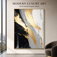 Peinture murale abstraite moderne noire et or, toile texturée épaisse avec feuille d'or, décoration de luxe en impasto pour salon