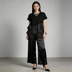 Blusa informal de manga corta con cuello redondo y dobladillo asimétrico con volantes y patchwork en contraste <span class=keywords><strong>para</strong></span> <span class=keywords><strong>mujer</strong></span> - Product Image 4
