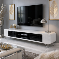 Console TV moderne de luxe, laque blanc nacré brillant, portes en verre teinté noir, pieds chromés, OEM