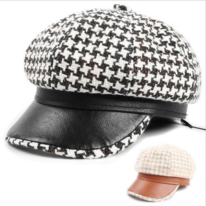 Casquette plate vintage <span class=keywords><strong>en</strong></span> laine et cuir pour femme, style newsboy, à motif pied-de-poule, béret, chapeau octogonal - Product Image 3