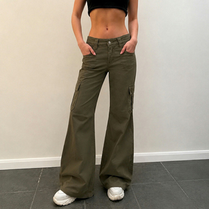 Women Low Waist Cargo Flare Pants Multi Pocket Wide Leg Trousers Casual Streetwear Slim Fit <b>Stretch</b> Bell Bottom Pants - Product Image 4