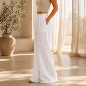 <span class=keywords><strong>Pantaloni</strong></span> <span class=keywords><strong>Palazzo</strong></span> Bianchi da Donna <span class=keywords><strong>in</strong></span> <span class=keywords><strong>Lino</strong></span> Traspirante, Vita Alta Elastica con Coulisse, Gamba Larga, Vestibilità Comoda, Tasche, Ideali per Vacanze al Mare - Product Image 2