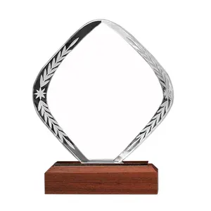 Bestseller Houten Blanco Glas Awards Custom Gesneden Kristallen Glas Trofee Plaque Met Kristallen Houten Voet