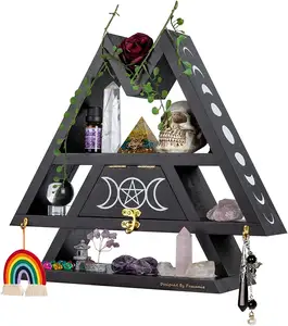 Witchy Room Decor Wooden Moon Phase Triangle Crystal Shelf With Flap Drawer Hooks For Essential Oils