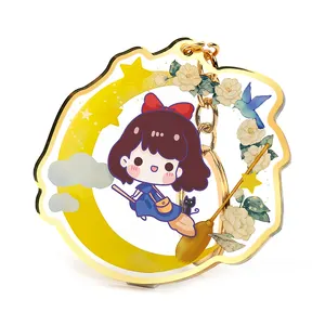 New Coming Vorrace Logo Custom Cartoon Anime Acrylic Gold Edge Keychain Hot Sale Transparent Plastic Epoxy Gold Rim Key Ring