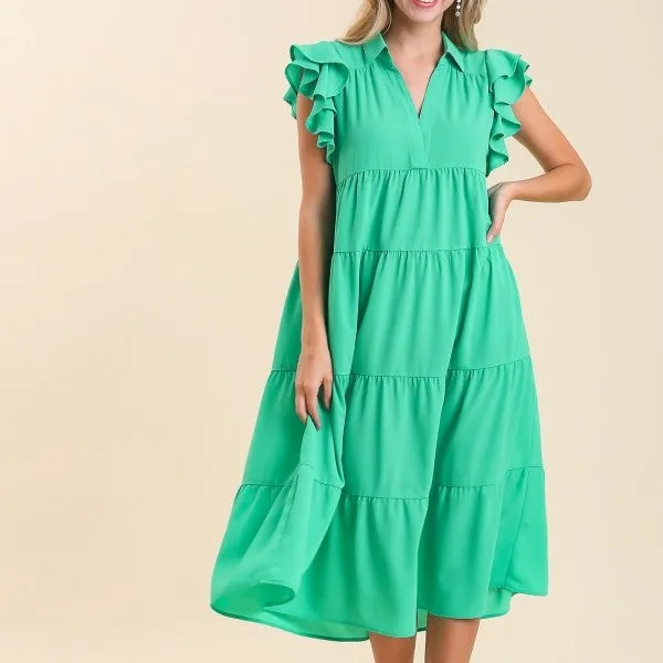 Nova Chegada Mulheres Camadas Midi Vestido com Mangas Ruffled em Jade Verde