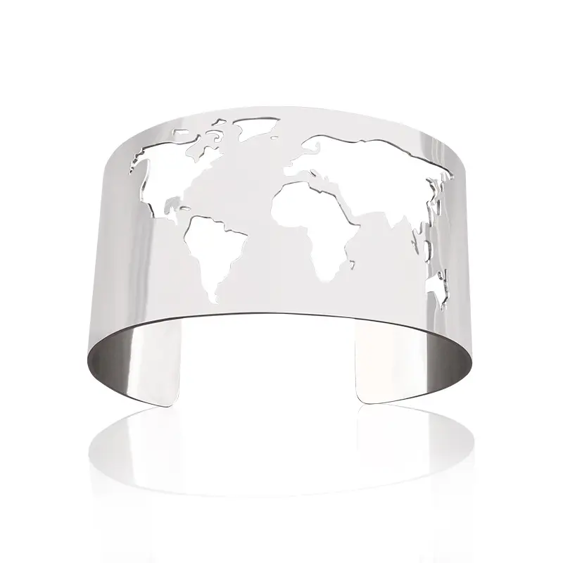 Gelang perhiasan pria dan wanita, mode berlubang peta dunia buka C berbentuk gelang perhiasan untuk teman pria dan wanita