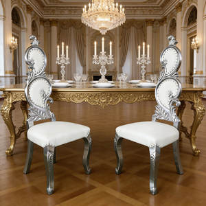 Sedia da Pranzo Moderna di Lusso con Schienale Alto Intagliato in Argento, Seduta in Pelle Bianca per Sposi, Hotel, Banchetti/Eventi - Product Image 3