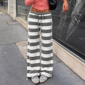 Pantalon décontracté d'été pour femme, coupe droite, taille mi-haute élastique, ample, à rayures et blocs de couleur, style streetwear - Product Image 6