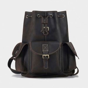 Large Capacity Men's <b>Backpack</b> Retro Leisure Travel <b>Drawstring</b> Bucket Schoolbag Men's Vintage Leather <b>Backpack</b> - Product Image 3