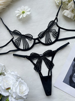 Set Lingerie Jaring Transparan Seksi dengan Bra Open Cup Berkawat dan Pita Besar serta G-String Seksi untuk Wanita Grosir Butik B2B
