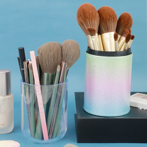 Cosmetic Makeup Brush Holder Plastic Transparent <b>Large</b> Capacity Storage Organizer For <b>Desk</b> Use With Lid - Product Image 1