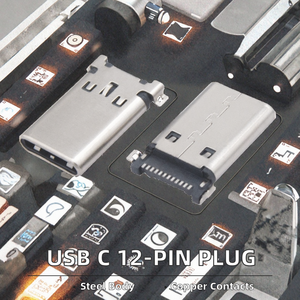 USB <b>Type</b>-<b>C</b> 12-Pin Stainless Steel Connector Horizontal Male SMT Plate Sinking Interface with <b>Plug</b> 5A Rated Current - Product Image 2