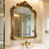 Miroir mural de luxe vintage doré sculpté avec cadre en PU, style baroque, pour salle de bain, coiffeuse, salon, chambre, restaurant, décoration intérieure