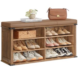 Banc de rangement pour chaussures en bois SENYU avec siège rembourré, étagère à 6 niveaux pour entrée, design moderne - Product Image 1