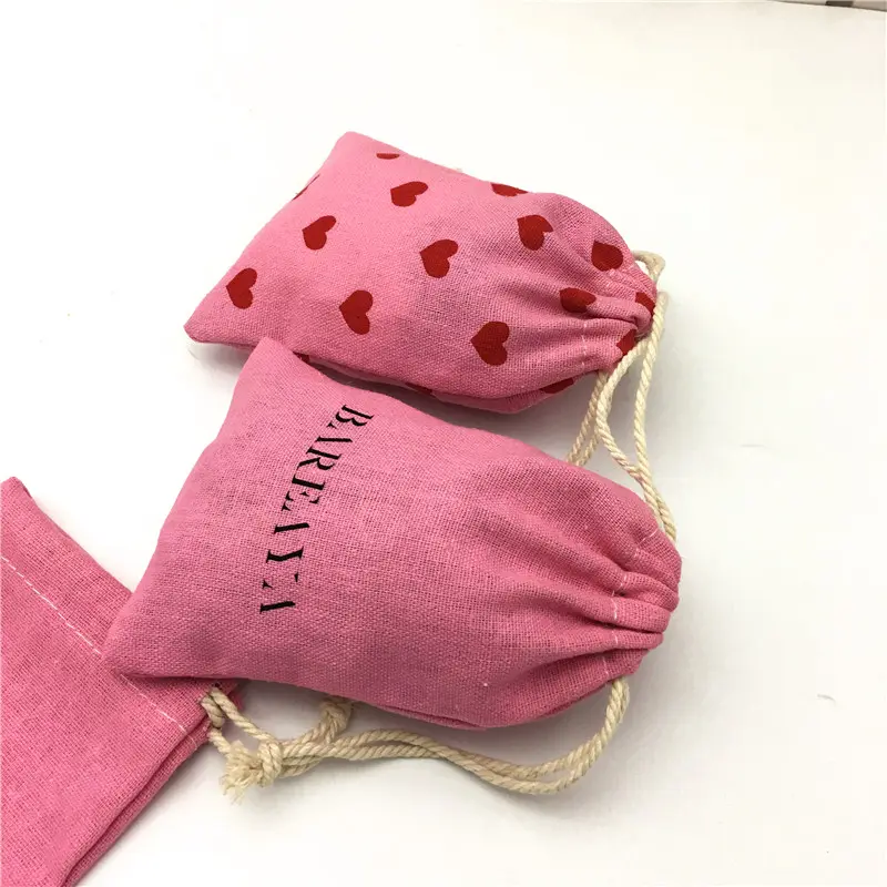 Pochette cadeau de bijoux en lin de coton rose mignon sac à poussière en lin de coton bio pour accessoires de cheveux