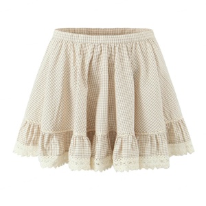 Falda informal de verano de algodón color caqui para mujer, con estampado a cuadros, ribete de encaje y cierre de cremallera. - Product Image 1