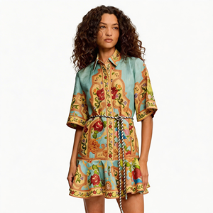 เดรสทรงเอลายดอกไม้ คอวี แขนทรงโคม สไตล์เกาหลี ช่วงเอวเข้ารูป ทรงสวยเพรียว ยาวคลุมเข่า สำหรับฤดูใบไม้ผลิ/ฤดูร้อน สไตล์วัง - Product Image 1