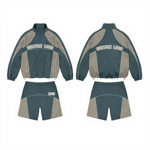 Conjunto Deportivo para Hombre con Bloques de Color, Chaqueta con Cierre y Cuello Alto, Pantalones Cortos, Transpirable, de Poliéster, para Primavera, Cortavientos - Product Image 1