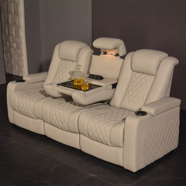 Modern Electric VIP Seating Home Cinema Power Reclining Genuine Leather Theater Sofa Set With Fold-down Console