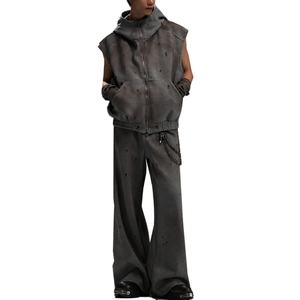 Ensembles de survêtements classiques décontractés pour hommes, effet délavé, sans manches, avec fermeture éclair intégrale, vestes et pantalons de sport, tenues 2 pièces - Product Image 1