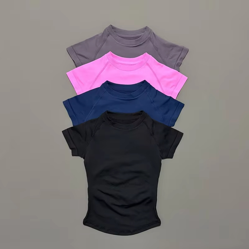 Women Lightweight Breathable Athletic Top Slim Fit Seamed Workout Shirts Short Sleeve Yoga Tops Sports Running Shirt Front Logo