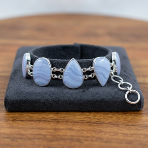 Women's 925 Sterling Silver Cuff <b>Bracelet</b> with Blue Lace Agate <b>Gemstone</b> Bezel Setting for Gift - Product Image 3
