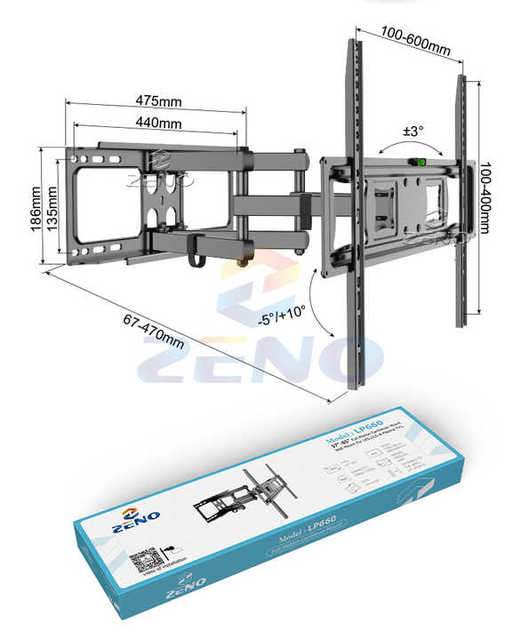 Up 85" Full Motion TV Bracket SPCC Durable Wall Mount with VESA 100X100 to 600x400mm Load 60kg ZENO LP660