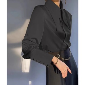 Women's <b>Satin</b> Shirt Wide Collar Long Sleeve Gem Button Detail Formal Office <b>Blouse</b> Fashion - Product Image 3