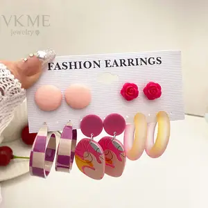 VKME 2022 Women Jewelry Colorful Boho Acrylic Earrings 925 Silver Stud Rose Earrings