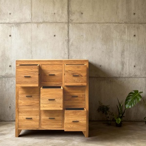 Cómoda Antigua de Teca con 9 Cajones Hechos a Mano y Patas Cónicas, Cajonera de Madera Reciclada con Textura Envejecida para Dormitorio - Product Image 4