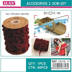 Nastro Ilan Pom Pom Larghezza 2 cm Lunghezza 1 m Colore Rosso Intenso Per Decorazioni Artigianali - Product Image 3
